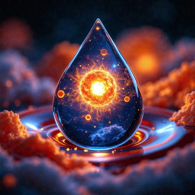 The primary subject of the image is a blue, glowing, and possibly animated drop of water. The setting is a snowy environment, with the water drop surrounded by snow. The visual style appears to be a combination of a photo and digital art, creating a unique and captivating scene. The dominant colors are blue and orange, with the blue drop of water and the orange glow, giving the image a vibrant and lively atmosphere.